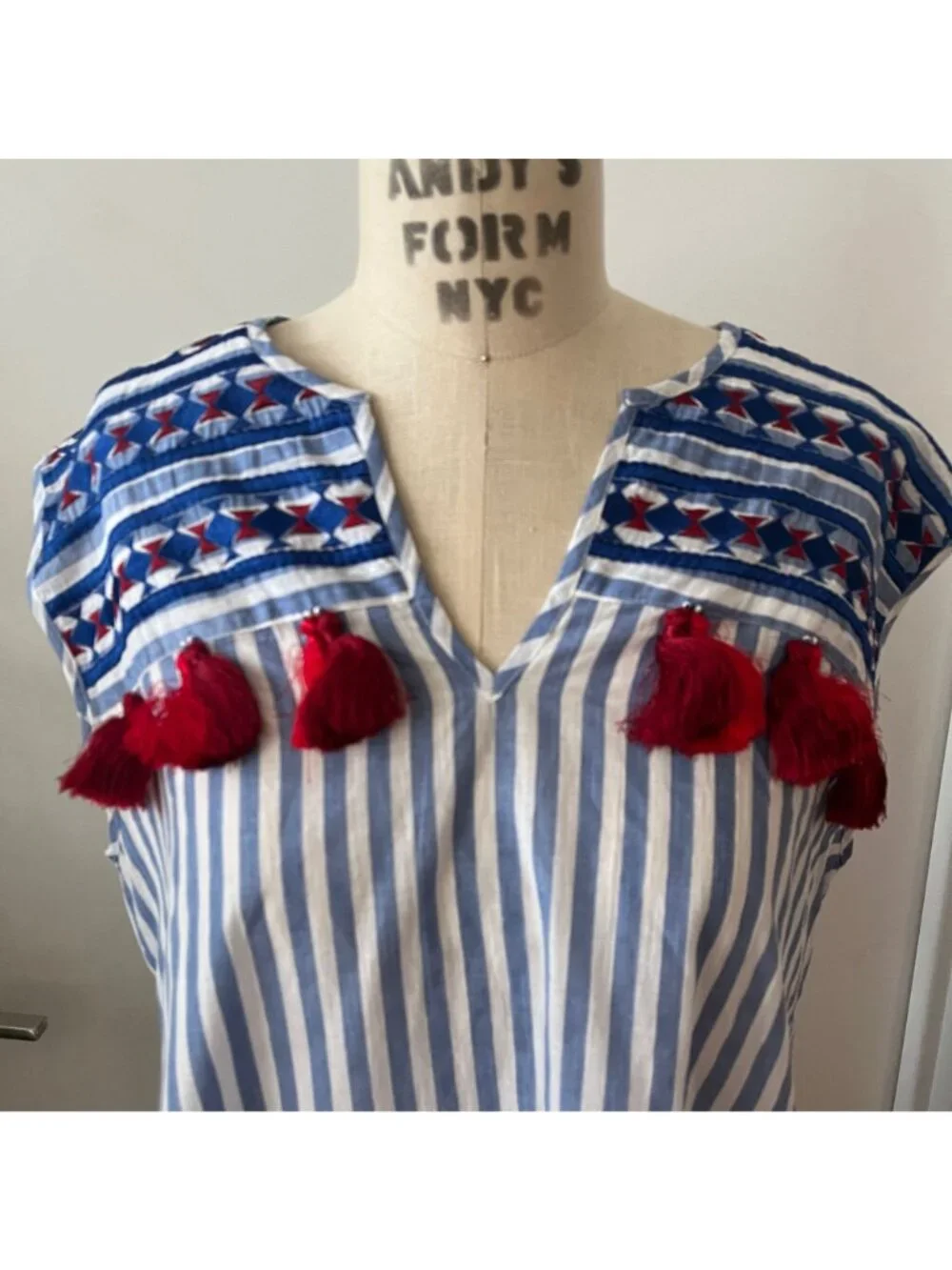 BINDU Sleeveless Tasseled Cotton Embroidered Boho Mini Dress/ Coverup Size Large